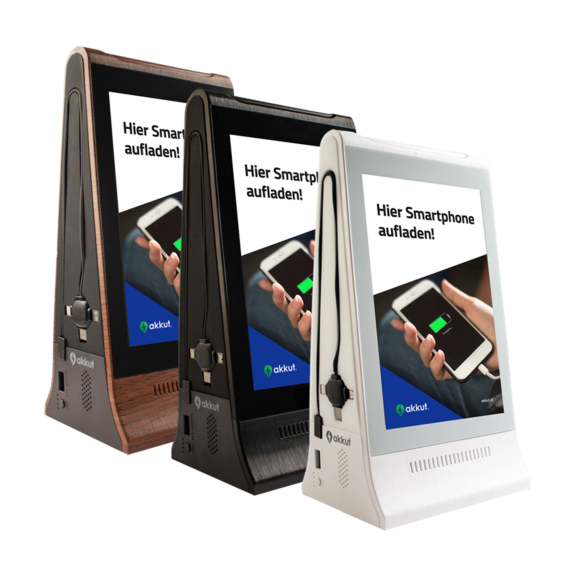 Digital table tent DOUBLESCREEN PEAK with battery and cables for smartphone charging Digital table tent DOUBLESCREEN PEAK with battery and cables for smartphone charging